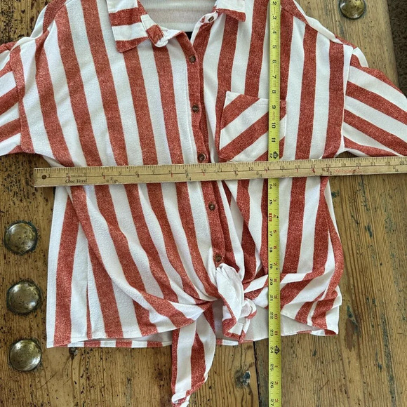 Eden & Olivia Orange White Vertical Stripe Womens Button-Up Tie-Front Shirt - Picture 5 of 5